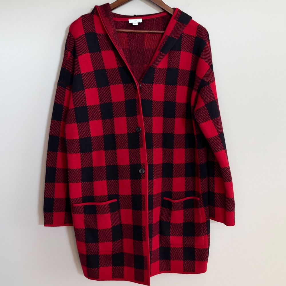 J. Jill Buffalo Plaid Hooded Cardigan Sweater Red Black Checkered Longline L